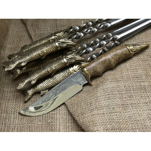 Подарункові шампури з ручками у вигляді щук "Царські щуки" з ножем у шкіряному сагайдаку