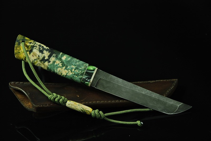 Авторський ніж танто ручної роботи "Зелений дракон", дамаск, фото 1