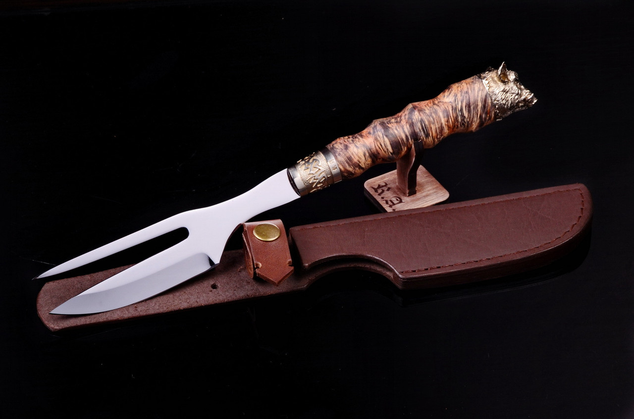 Оригінальний подарунок чоловікові - ніж-вилка ручної роботи для шашлику "Кабан" зі шкіряним чохлом