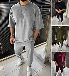 Літній чоловічий спортивний костюм футболка та штани оверсайз стильний прогулянковий трикотаж, сірий, чорний, хакі