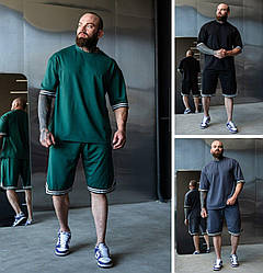 Літній чоловічий спортивний костюм футболка та шорти оверсайз стильний трикотаж преміум, зелений, чорний, сірий