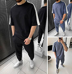 Стильний чоловічий літній костюм футболка та штани якісний спортивний із лампасами, чорний, сірий