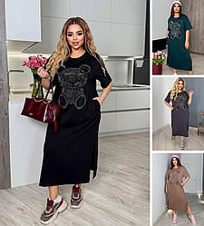 Жіноче довге плаття-футболка великих і батальних розмірів, чорне, зелене, моко, сіре