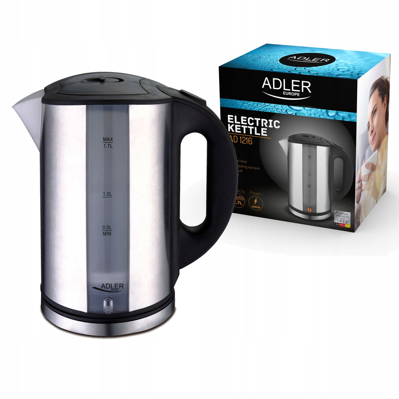 Електрочайник металевий Adler AD 1216 1,7 л – 2200 Вт, INOX корпус, фото 1
