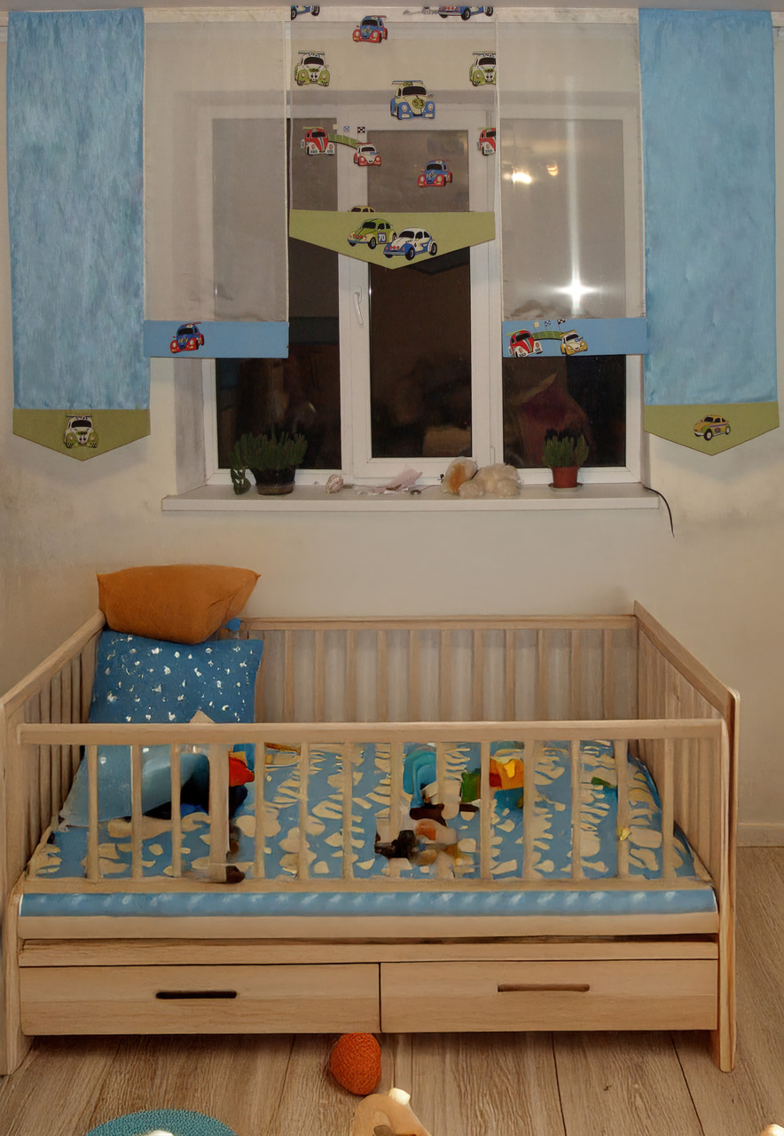 Комплект панельних фіранок Firanka Тачки 5шт карниз 250см блакитний з салатовим (1_7п), фото 1