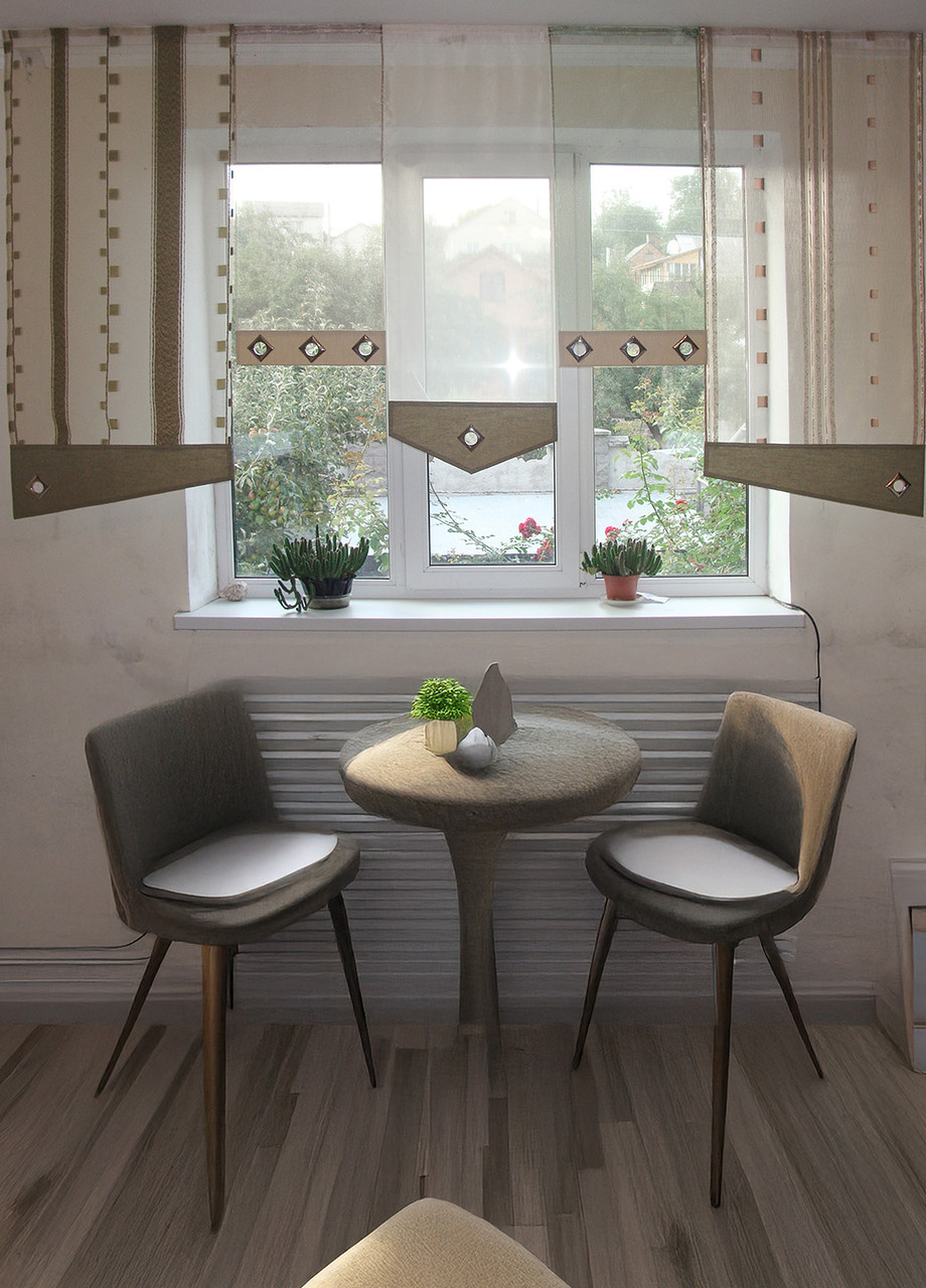 Комплект панельних фіранок Firanka Смужка і квадратики 5шт карниз 250см оливковий з молочним (11_7п), фото 1