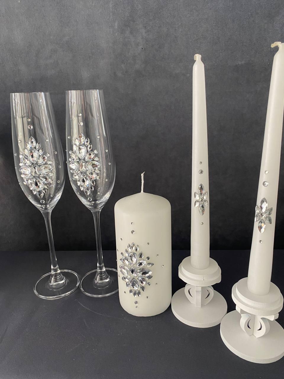 Весільний набір: келихи та свічки зі стразами, фото 1