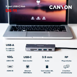 Порт-реплікатор Canyon DS-11, 9 in 1 USB-C hub, HDMI, Gigabit Ethernet, Type-C PD/100W CNS-TDS11 smart