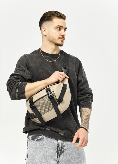 Велика шкіряна чоловіча поясна сумка бананка Sambag DynamicDart сіра, фото 1