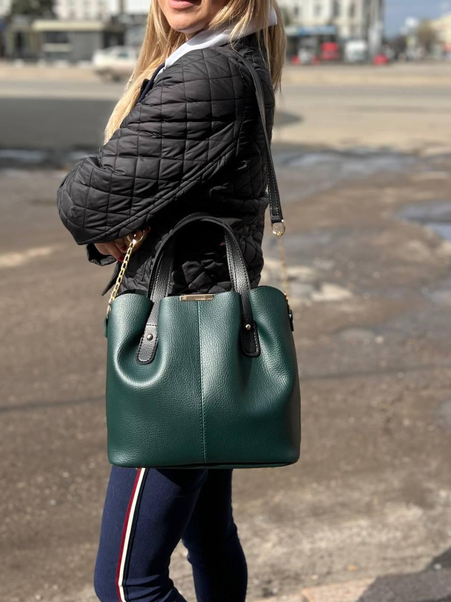 Три відділення. Зелений з чорними ручками — вмістка, стильна, молодіжна сумка (1036-1) 5067225