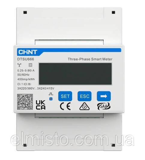 Лічильник CHINT DTSU666-CT (Smart Meter) 3×230/400V 1,5(6)A RS485 А+R± 4P DIN-рейка для внутрішнього моніторингу, фото 1