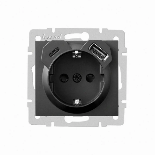 RAIN антрацит Розетка внутрішня 1-а +USB+Type-C із заземленням Лезард
