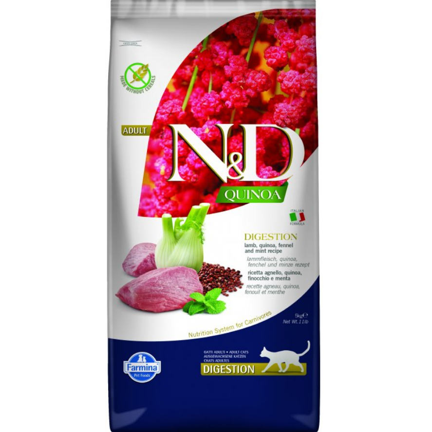 Сухий дієтичний корм Farmina N&D Quinoa Digestion для дорослих котів у разі порушень травлення, ягня та кіноа 5 кг