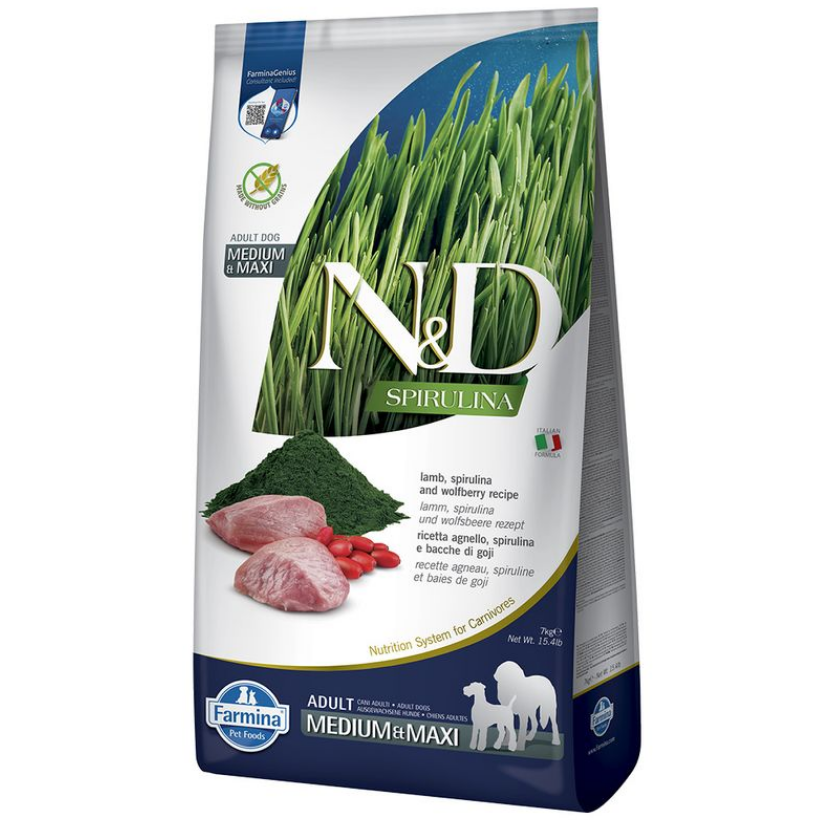Farmina N&D Spirulina Medium&Maxi Adult Lamb&Wolfberry сухий корм для собак з ягням та ягодами годжі 7 кг