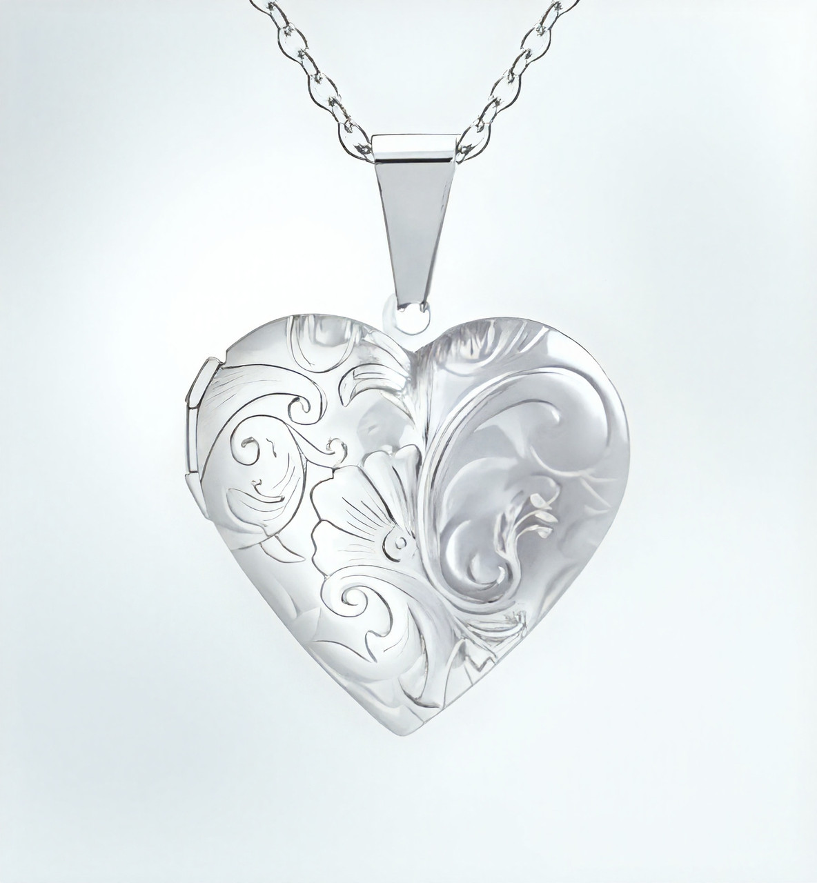 Кулон рамка на ланцюжку медальйон різьблений дизайн квіток форма серця сріблястий для фото 3.7 см, фото 1