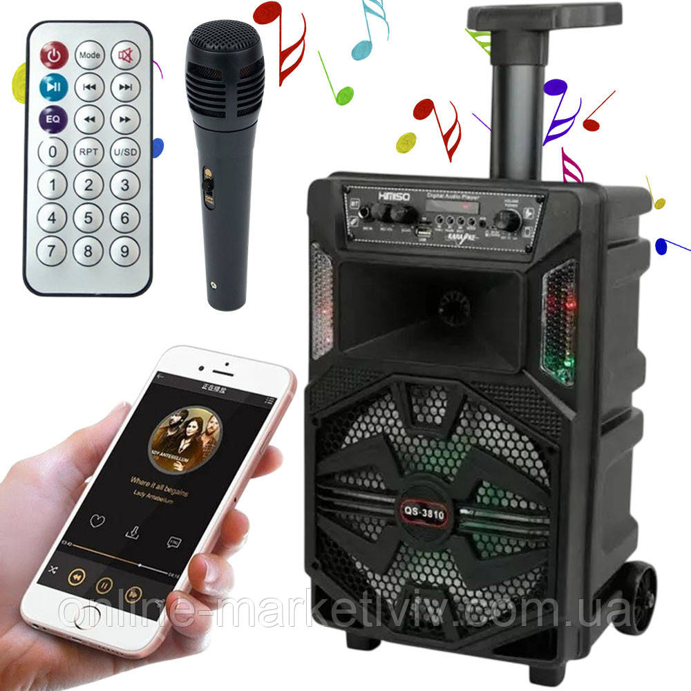 Портативна колонка з мікрофоном 15Вт, Bluetooth, QS-3810 / Блютуз колонка на колесах / Караоке-колонка