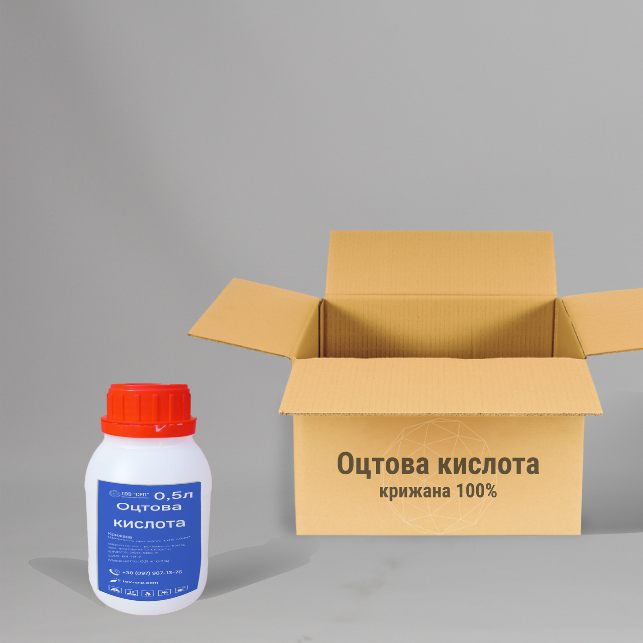 Оцтова кислота 100% (КОК) крижана у флаконах 0,5л (у коробці 32 флаконів)