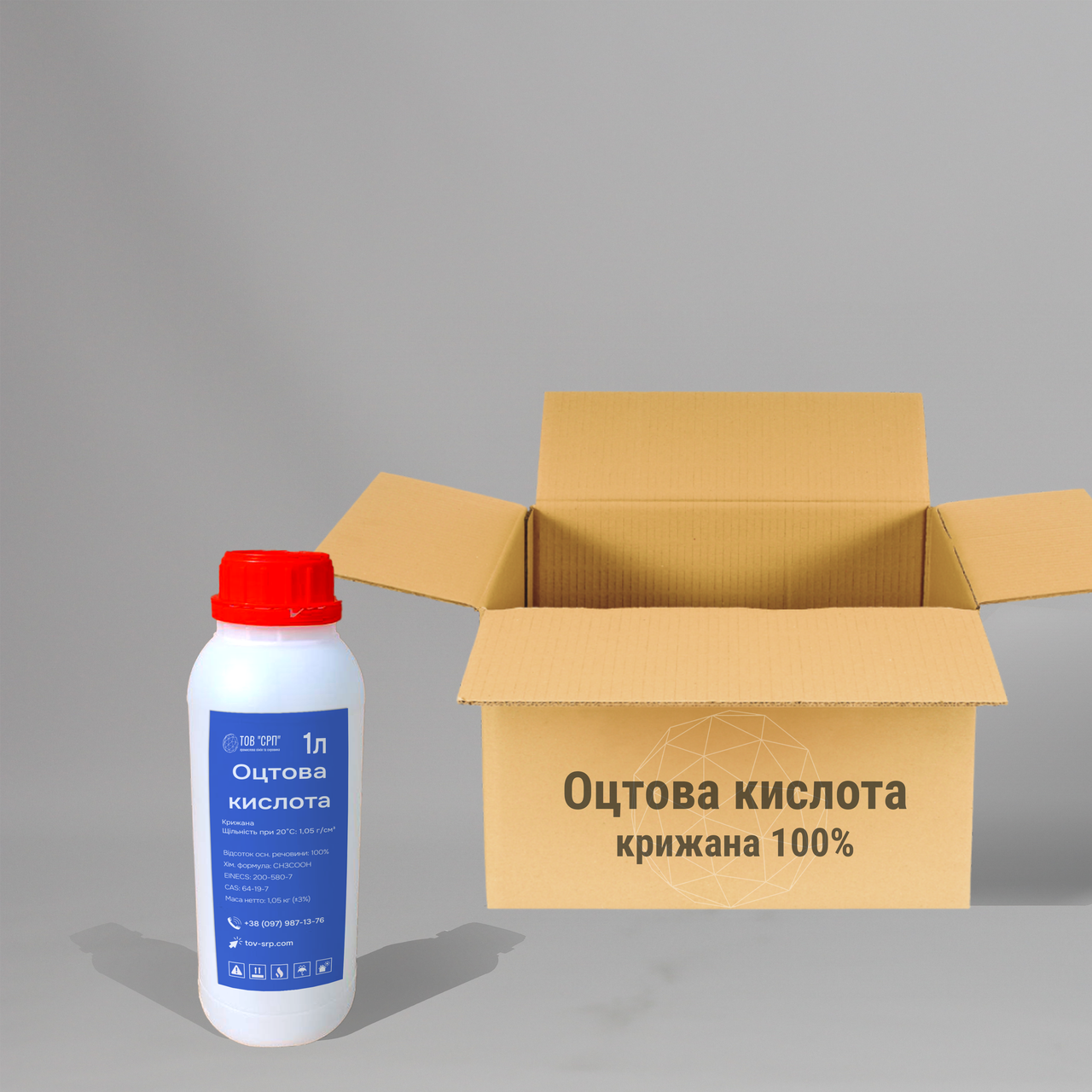 Оцтова кислота 100% (КОК) крижана у флаконах 1л (у коробці 16 флаконів)