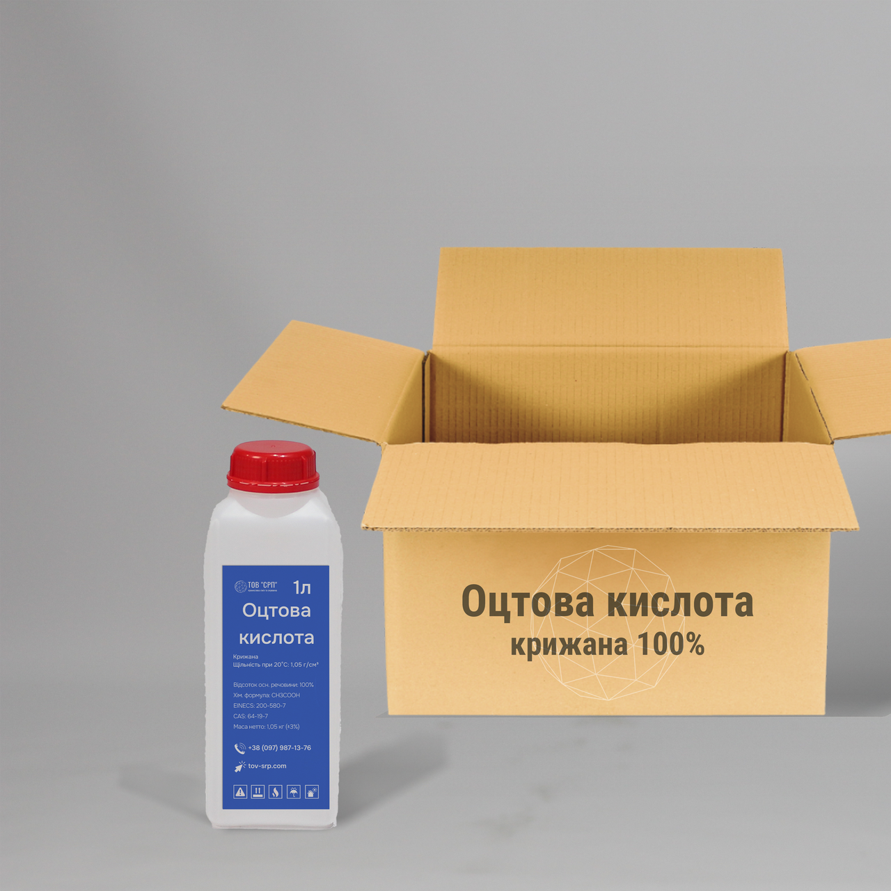 Оцтова кислота 100% (КОК) крижана у флаконах 1л (у коробці 20 флаконів)