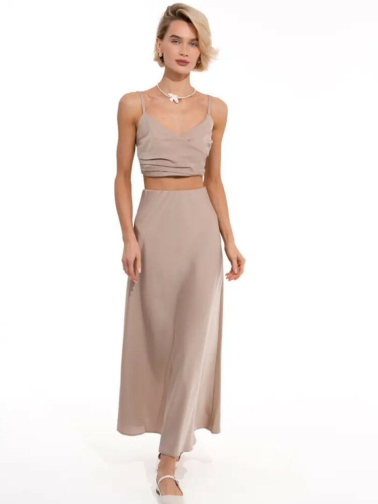 Спідниця жіноча шовкова міді бежева MKED5798-31, фото 1