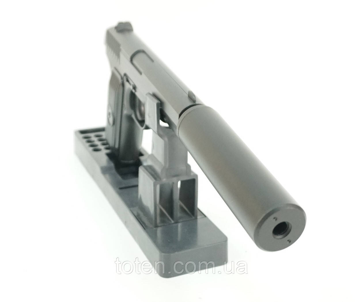 Пістолет із глушником металевий чорний стріляє 6 мм пластиковими кульками, фото 1