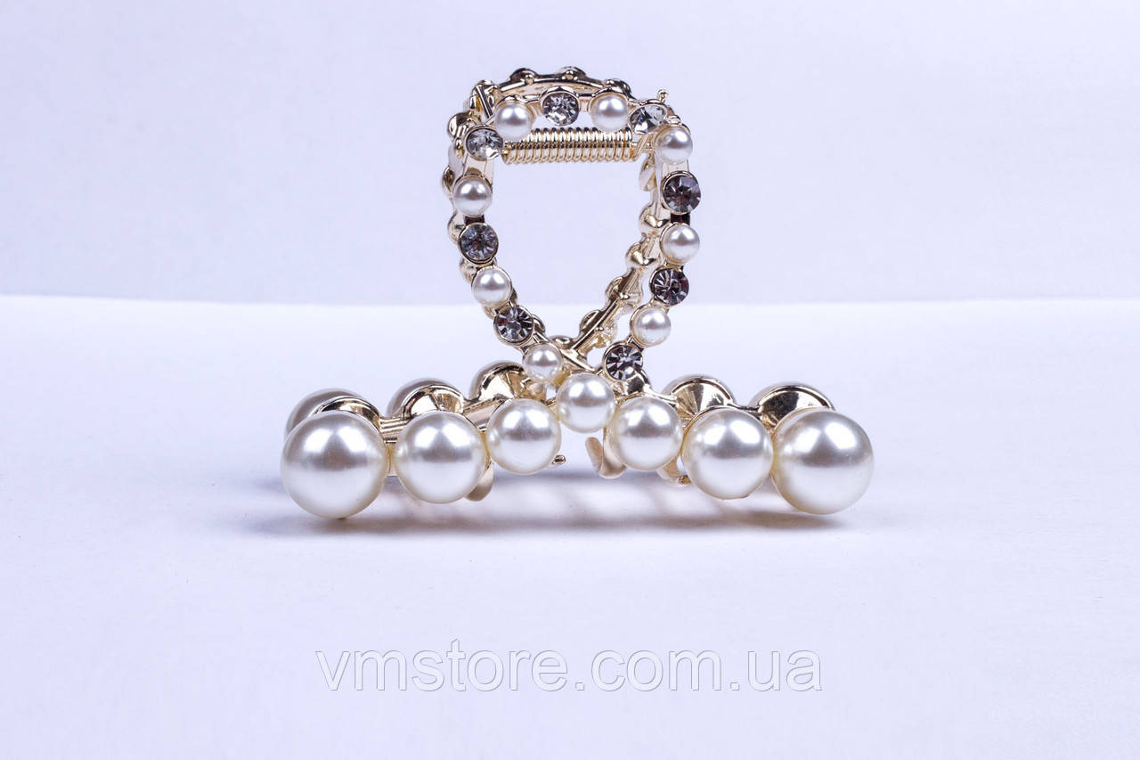 Краб для волосся металевий із великими перлинами, фото 1