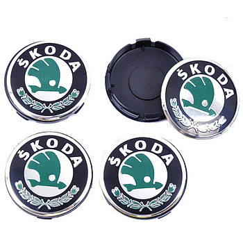 Ковпачки на титані Skoda 58 / 56 мм логотип зелена наклейка 4 шт.