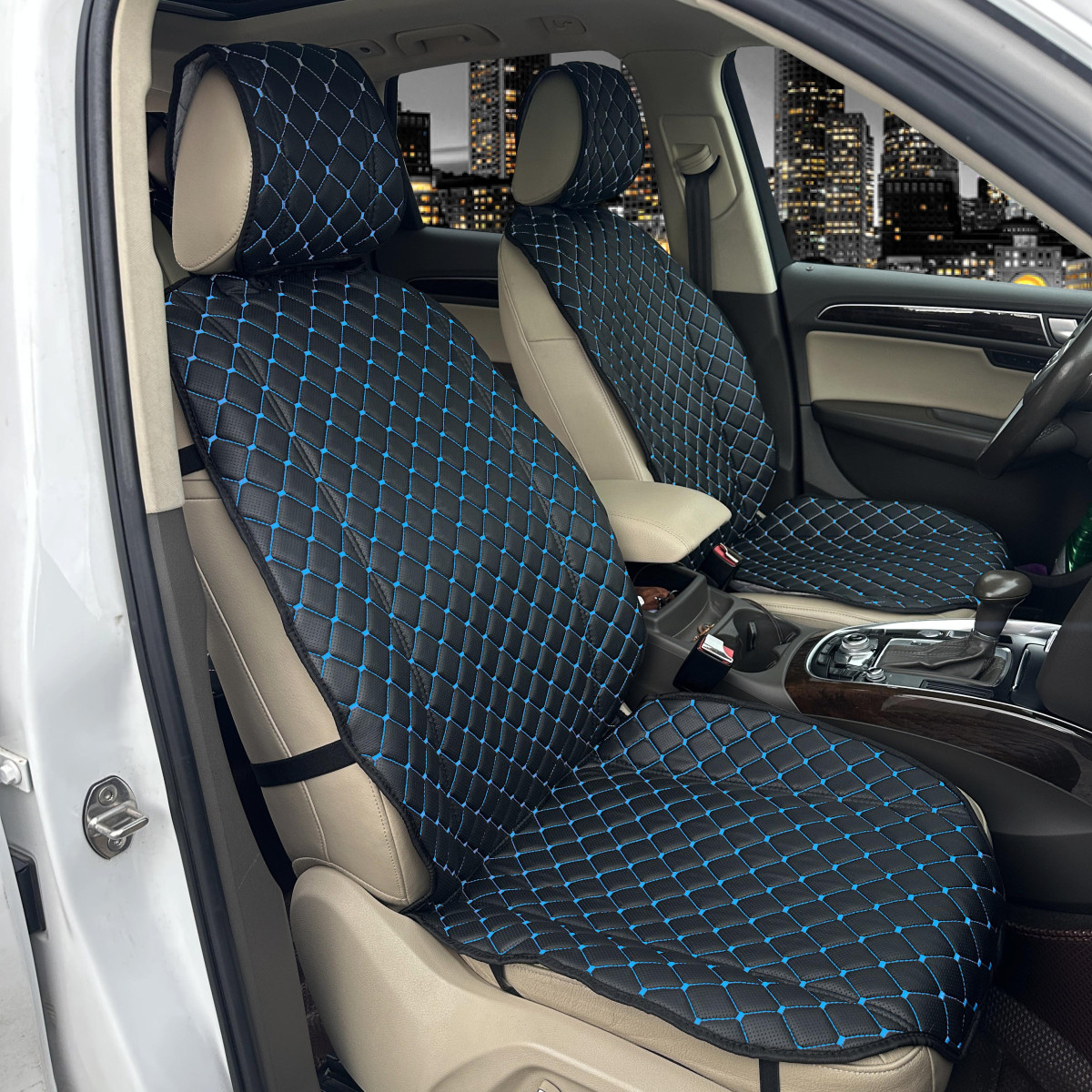 Накидки для передніх сидінь Melano Екошкіра Чорні-Синя нитка (Ромб), фото 1