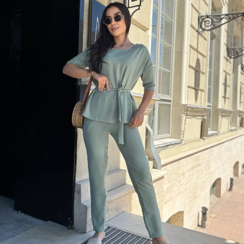 Стильний літній костюм жіночий брючний оливковий жіночий літній костюм із брюками легкий костюмчик на літо, фото 1