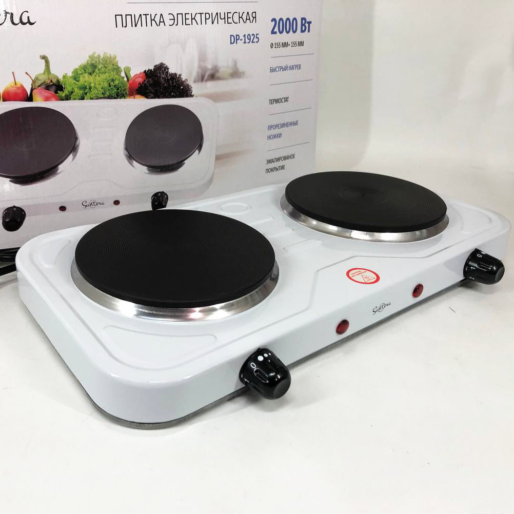 Плита електрична Suntera DP-1925 2000 Вт, електроплита двоконфоркова настільна. Колір: білий, фото 1