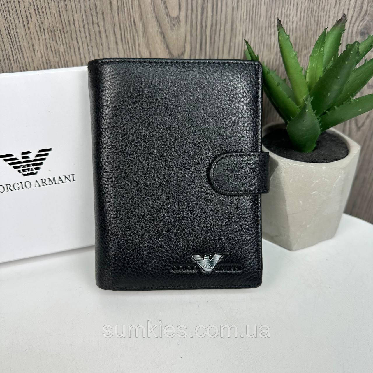 Чоловічий шкіряний гаманець портмоне стиль чорний Армані в коробці Armani, фото 1