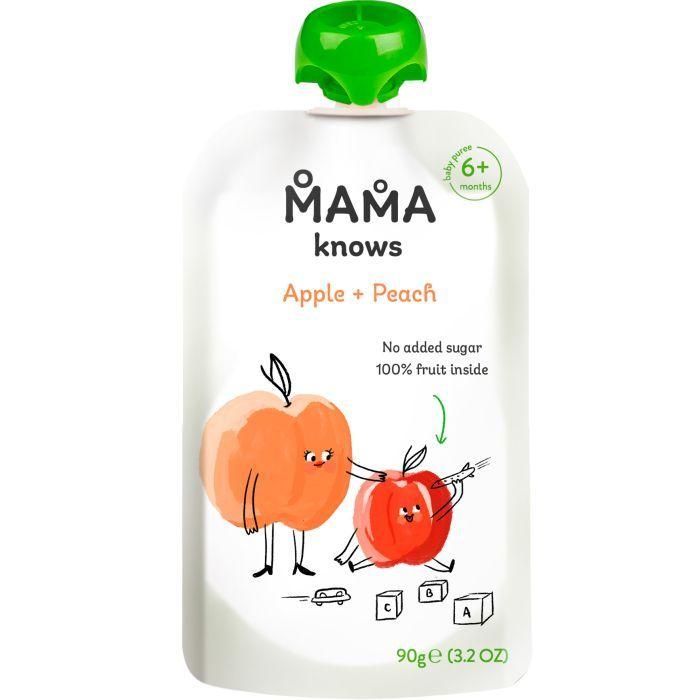 Пюре фруктове Mama knows Яблуко-персик, без цукру від 6 місяців, пауч 90г.