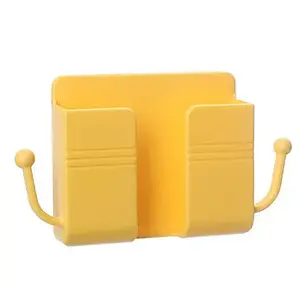 Тримач настінний для телефона, пульта, зарядки з гачками на самоклейці Жовтий