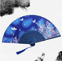 Віяло синє ручне Сакура та метелики