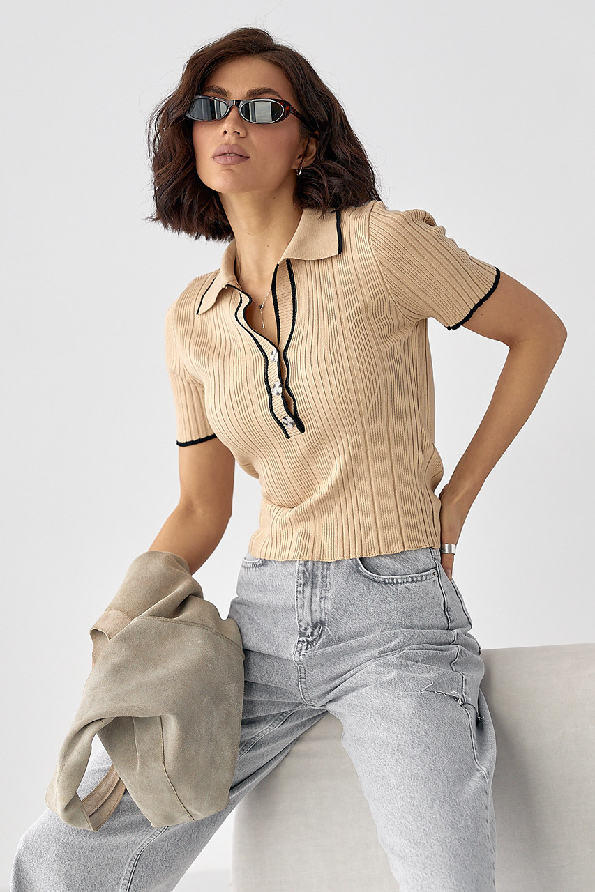 В'язане поло з контрастною окантовкою - світло-коричневий цвет, ONE SIZE (є розміри), фото 1