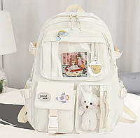 Рюкзак для дівчинки в школу 4 5 клас портфель дівчинці з ведмедиком Тедді брелком пінами значками наклейками бежевий