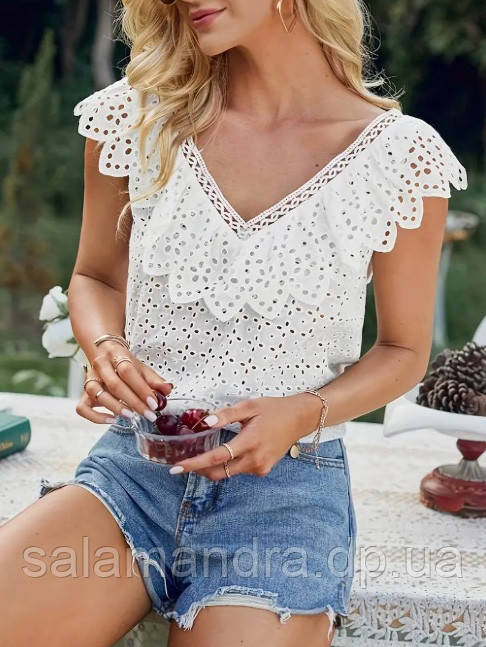 Блузка літня жіноча з воланом бавовна прошва 46-48 р, фото 1