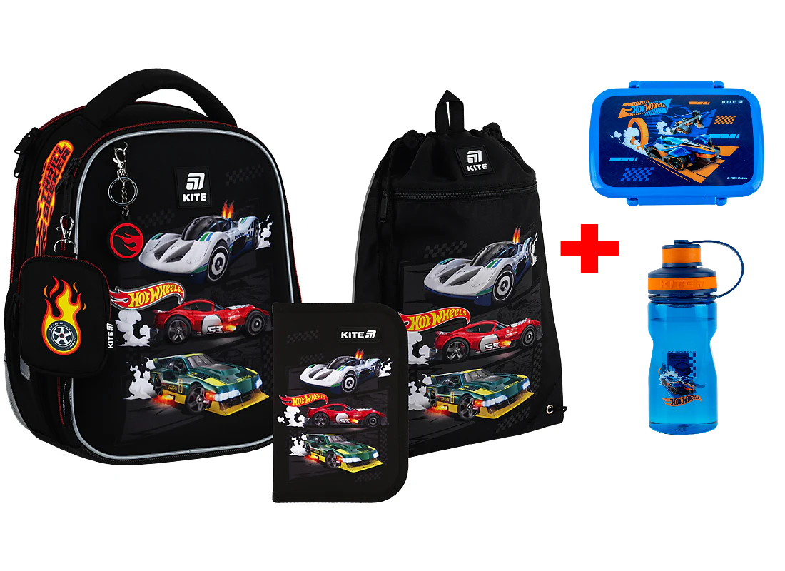 Шкільний набір Kite Education Hot Wheels SET_HW25-555S (рюкзак, пенал, сумка) + в подарунок пляшка та ланчбокс, фото 1