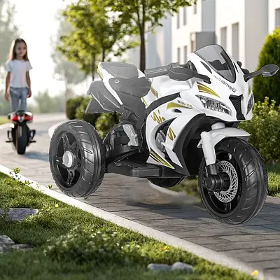 Стильний електромотоцикл Кавасакі для дитини до 8 років / Білий мотобайк трицикл хлопчикові для прогулянок Світло MP3