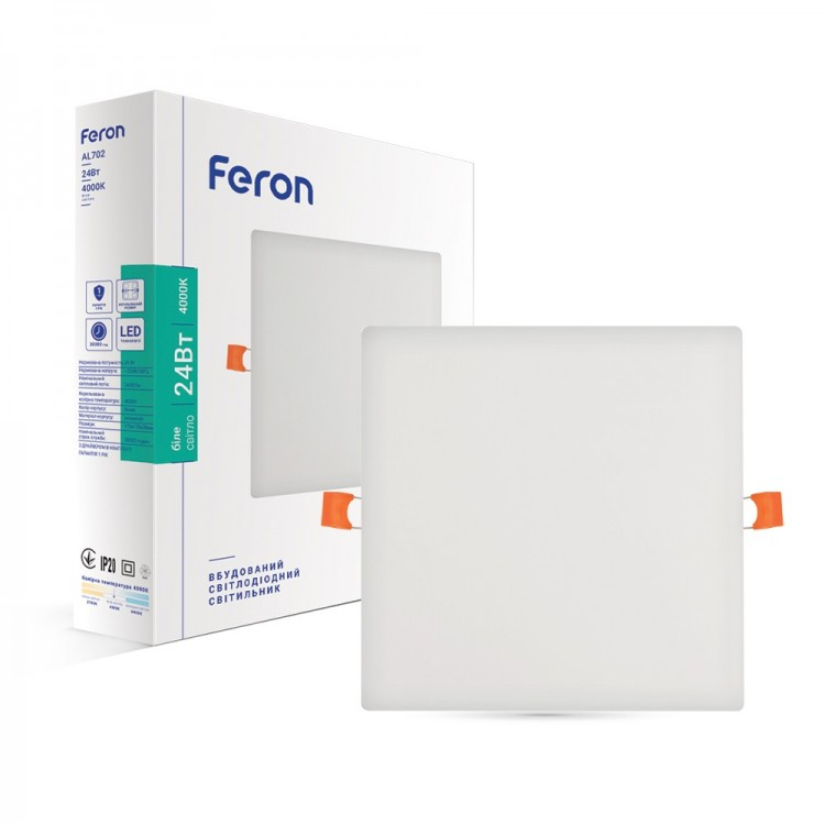 Вбудований світлодіодний світильник Feron AL702 24W LED 4000K 2400Lm 170*20мм квадрат (регульований розмір 36-135мм), фото 1
