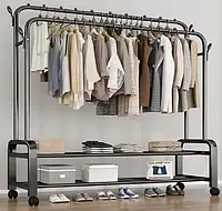 Стійка-вішалка для одягу та взуття Multipurpose Hanger. Пересувна подвійна підлогова вішалка на коліщатках.