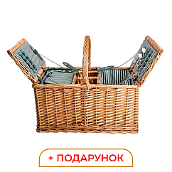 Кошик плетений для пікніка з посудом на 4 персони 48х33х43 см набір посуду туристичний для кемпінгу Lugi