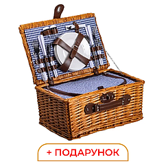 Кошик плетений для пікніка з посудом на 4 персони 42х28х20 см набір посуду туристичний для кемпінгу Lugi