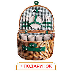 Кошик плетений для пікніка з посудом на 4 персони 41х31х22 см набір посуду туристичний для кемпінгу Lugi