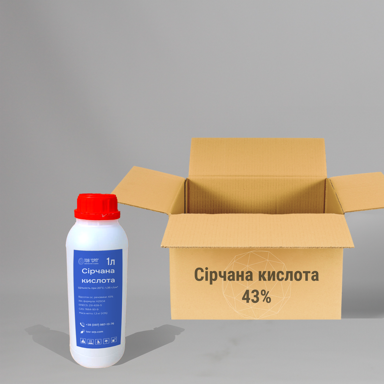 Сірчана кислота 43% (безприкурсорна) у флаконах 1л (у коробці 16 флаконів)