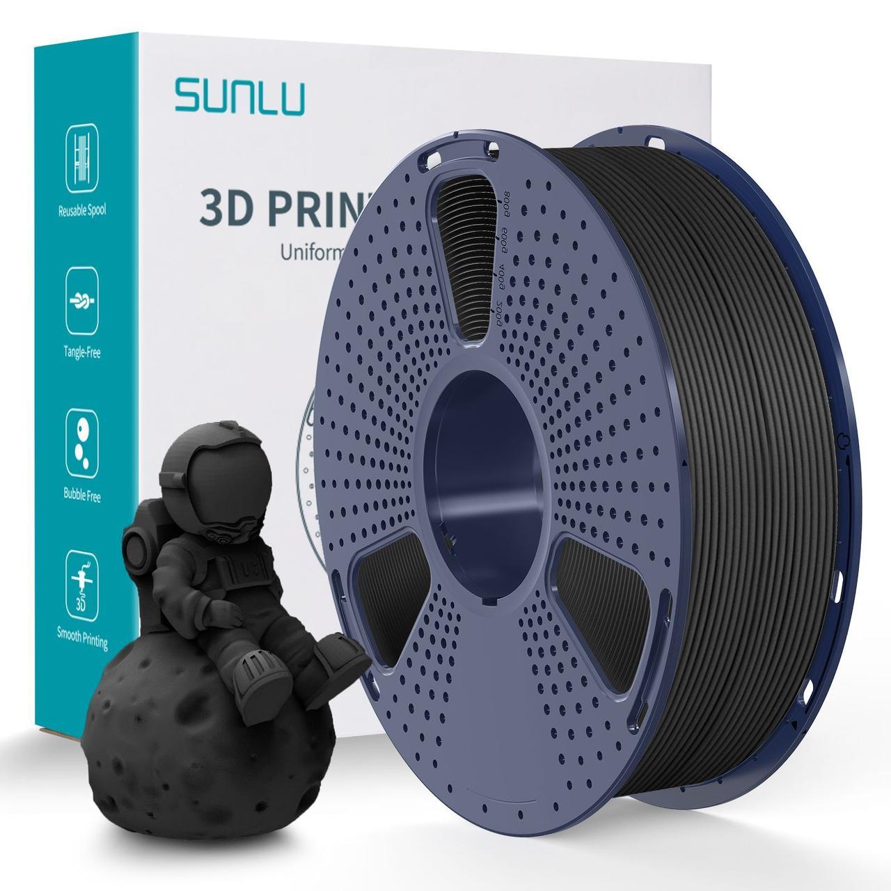 Пластик філамент для 3Д-друку SUNLU PLA Matte Black (01541017Z), Reusable Spool, 1.75мм, 1кг, 330м, 205-245°C, Чорний