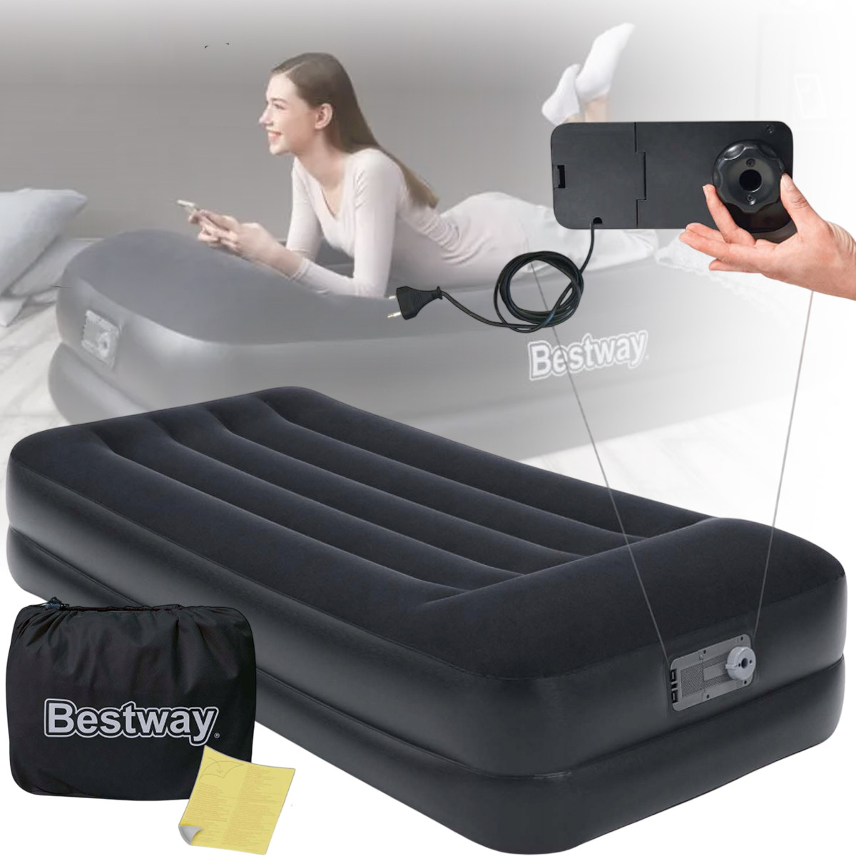 Надувне комфортне велюрове ліжко 203х102х46 см Bestway 67401N Одномісний велюровий матрац з насосом