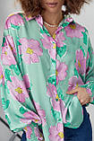 Шовкова блуза на гудзиках з візерунком у квіти - салатовий цвет, S (є розміри), фото 4