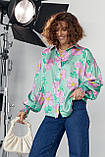 Шовкова блуза на гудзиках з візерунком у квіти - салатовий цвет, S (є розміри), фото 7