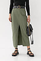 Котонова спідниця міді з розрізом - хакі цвет, S (є розміри)